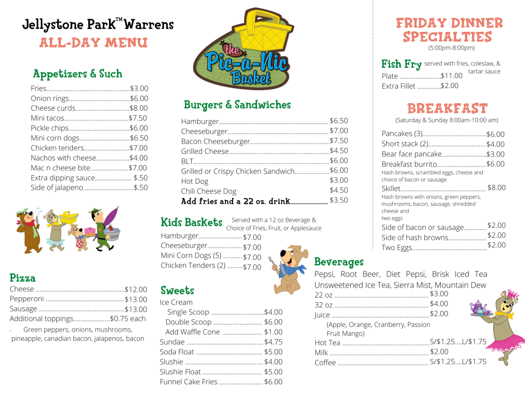 Jellystone Park Warrens Menu 